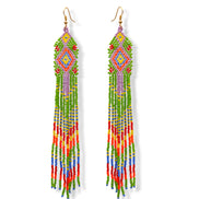 Blue, Black, and White Bohemian Seed Bead Long Tassel Earrings#ER-1159(RE17)