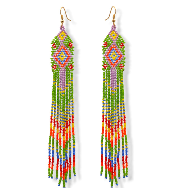 Blue, Black, and White Bohemian Seed Bead Long Tassel Earrings#ER-1159(RE17)
