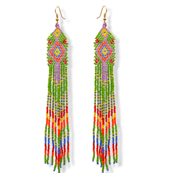 Blue, Black, and White Bohemian Seed Bead Long Tassel Earrings#ER-1159(RE17)