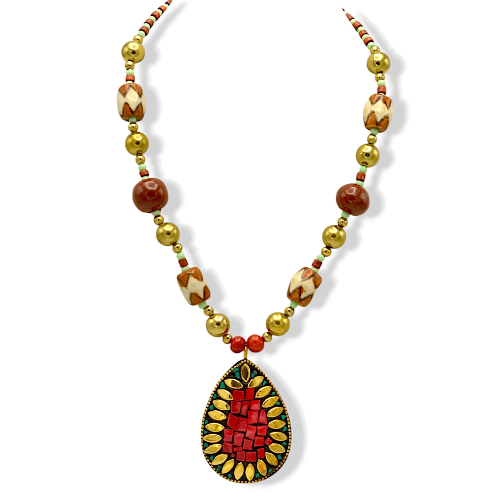 Brown Turquoise And Gold Beads Teardrop Coral And Gold Pendant Necklace#FWNK-2209-42