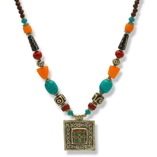 Multi-colored beads and square silver Pendant necklace# FWNK-2302-108