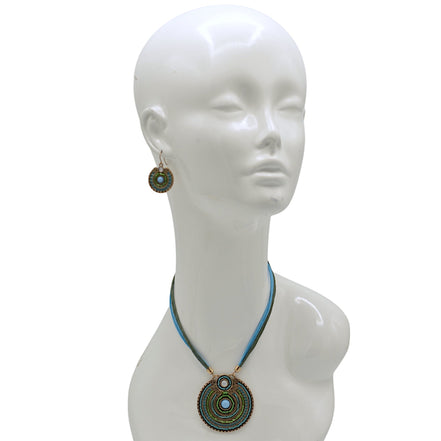 Gold Round Turquoise Pendant with Turquoise Rope Chain Necklace# SC25049GDBLU(KF2)