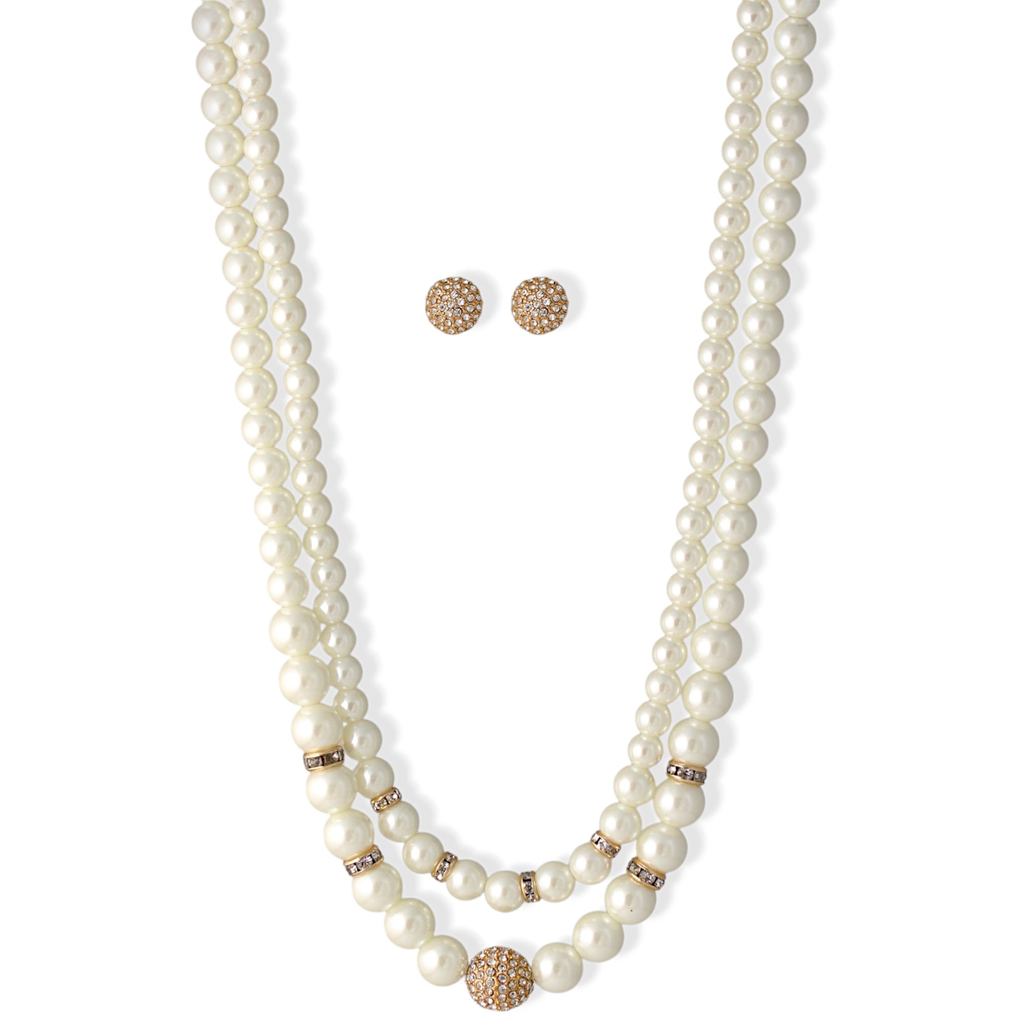 Cream Pearl And Gold Crystal Pave Ball Necklace And earrings Set #SQ321-1026-0296G