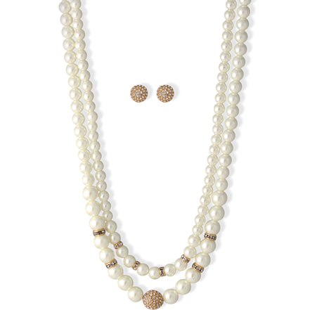 Cream Pearl And Gold Crystal Pave Ball Necklace And earrings Set #SQ321-1026-0296G