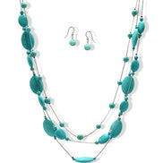 Rhodium Tone Metal Oval and Round Turquoise Beads Layer Necklace and Earrings Set#HNN+E77890(DF6-7)