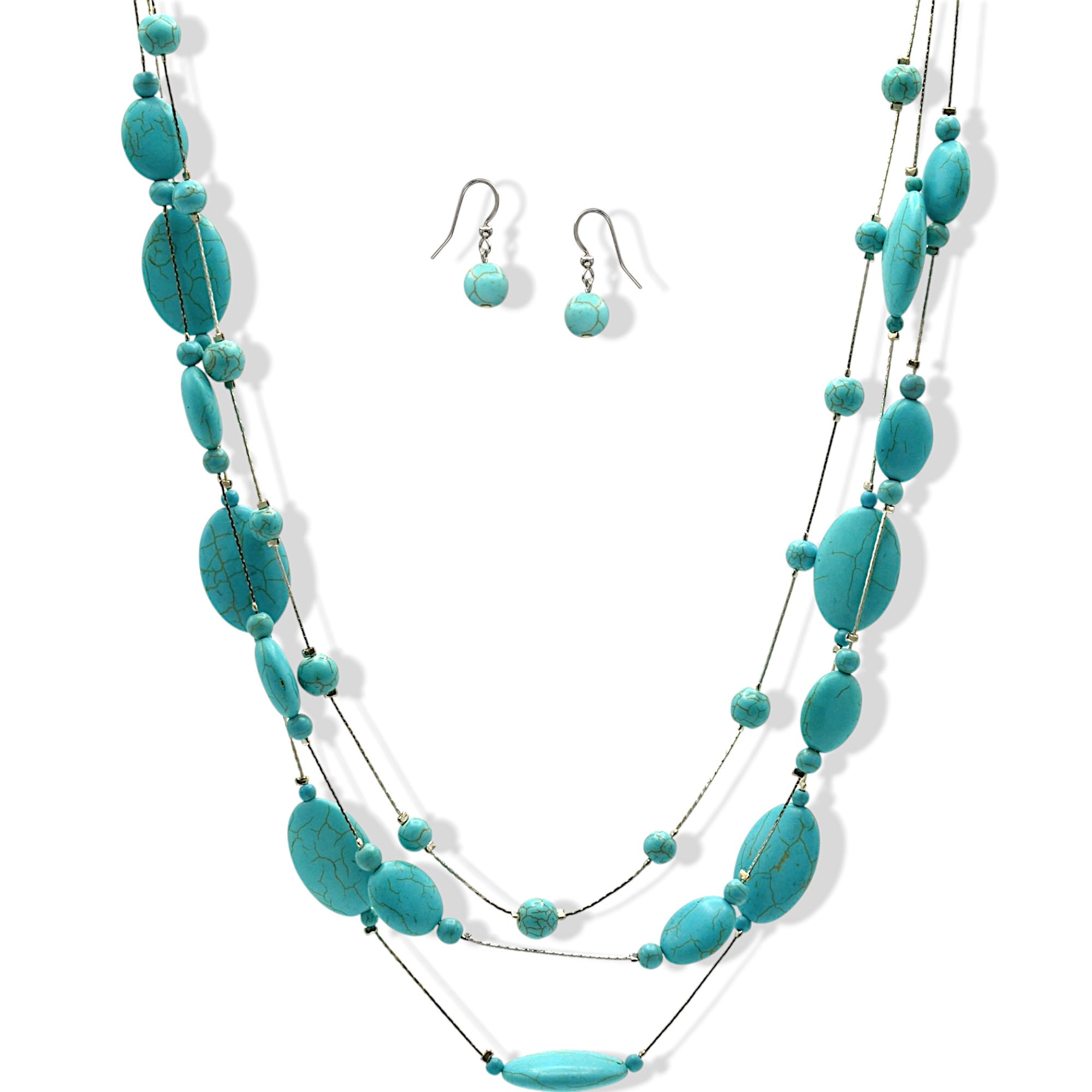 Rhodium Tone Metal Oval and Round Turquoise Beads Layer Necklace and Earrings Set#HNN+E77890(DF6-7)