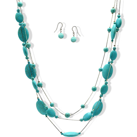 Rhodium Tone Metal Oval and Round Turquoise Beads Layer Necklace and Earrings Set#HNN+E77890(DF6-7)