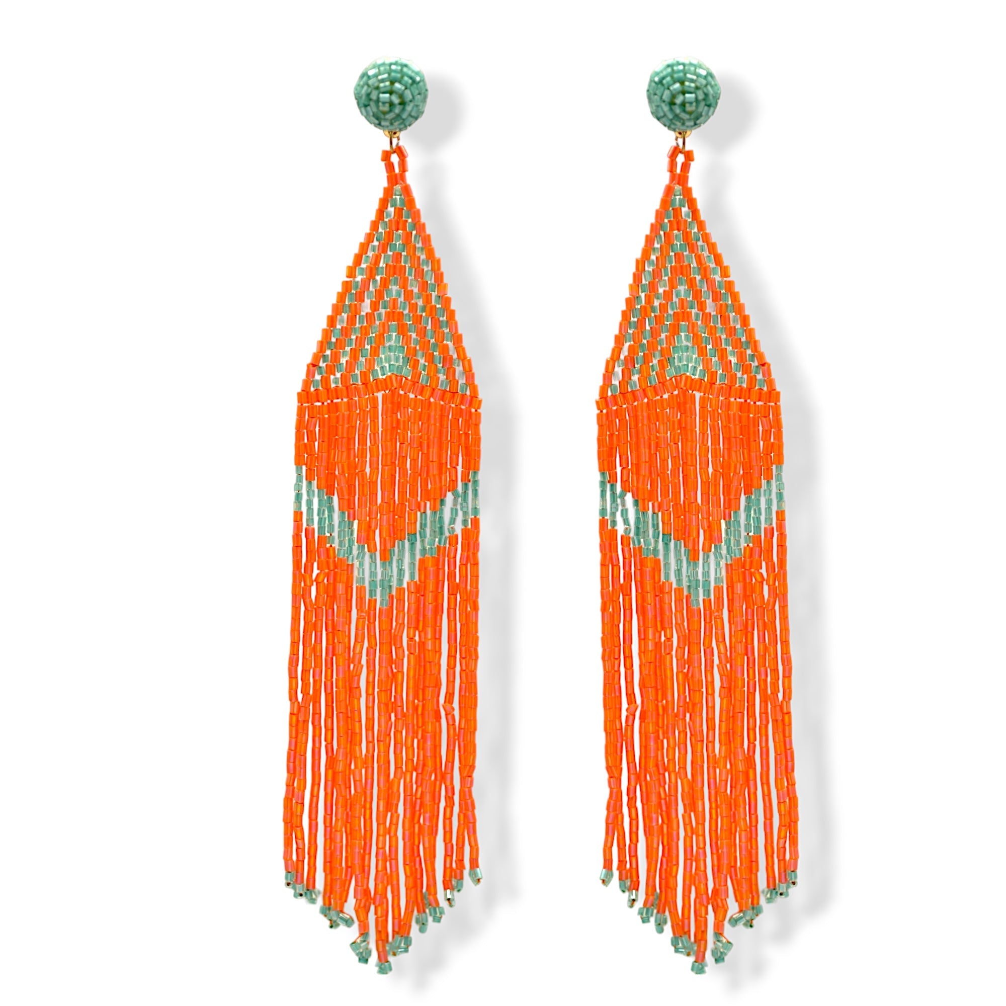 Orange and Turquoise Triangle Bohemian Seed Bead Long Tassel Earrings#ER-1148(ID19)