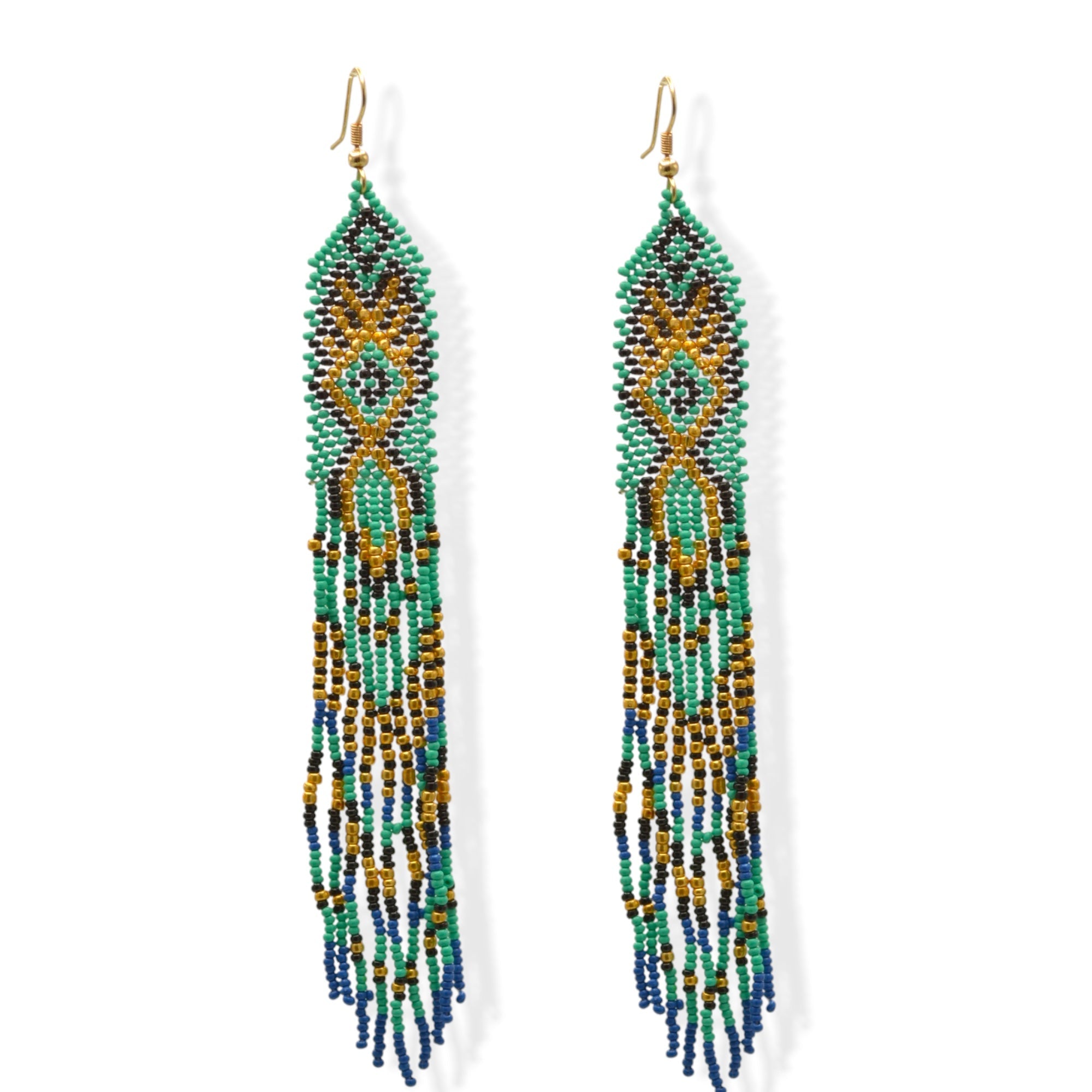 Turquoise, Black, Blue, and Gold Bohemian Seed Bead Long Tassel Earrings#ER-1142(IE22)