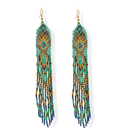 Turquoise, Black, Blue, and Gold Bohemian Seed Bead Long Tassel Earrings#ER-1142(IE22)