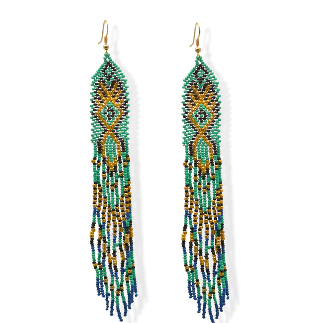 Turquoise, Black, Blue, and Gold Bohemian Seed Bead Long Tassel Earrings#ER-1142(IE22)