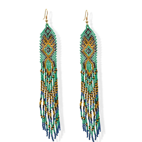 Turquoise, Black, Blue, and Gold Bohemian Seed Bead Long Tassel Earrings#ER-1142(IE22)