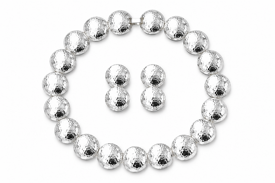 Silver Hammered Disc Statement Necklace & 1" Double Disc Drop Earring Set#FW-SET5402-SIL
