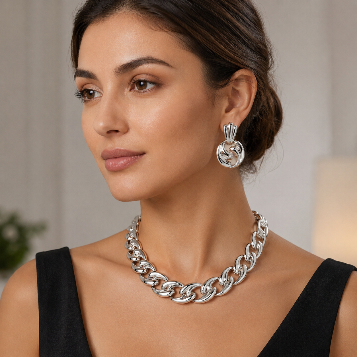 Silver-Tone Sculpted Link Statement Necklace & Earring Set – 16