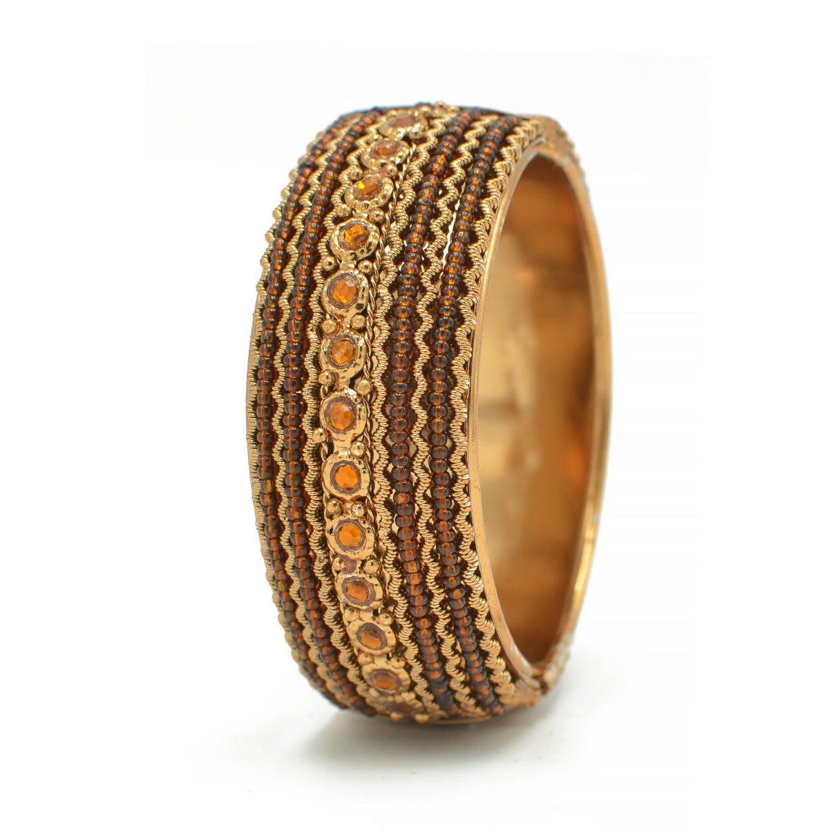 Brown Rhinestone and Brown Seed Beads Boho Style Hinged Bracelet #FW-VB06J0248-BROWN