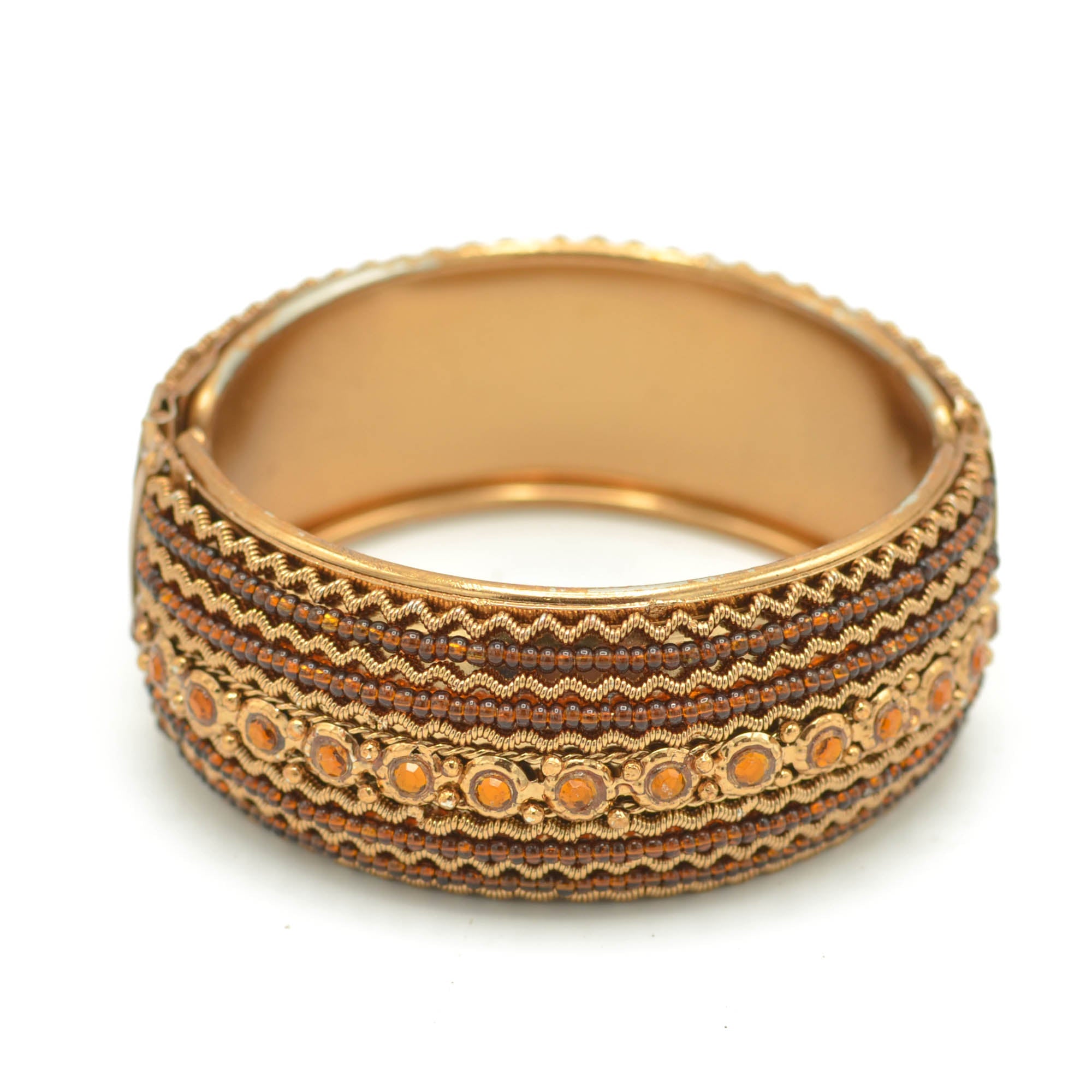 Orange Rhinestone and Brown Seed Beads Boho Style Hinged Bracelet #FW-VB06J0248-BROWN