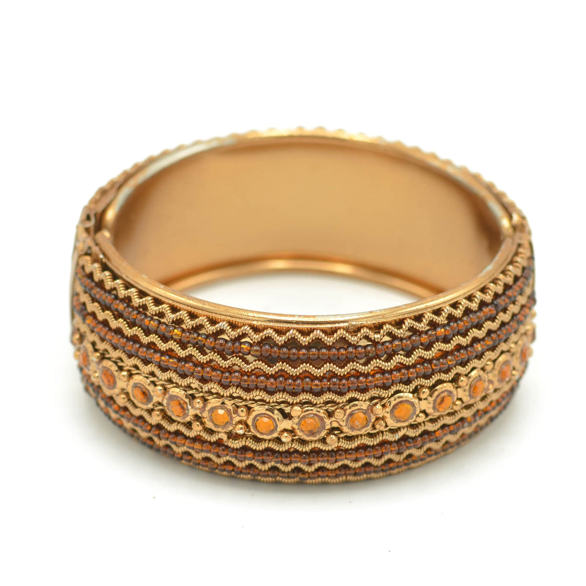 Brown Rhinestone and Brown Seed Beads Boho Style Hinged Bracelet #FW-VB06J0248-BROWN