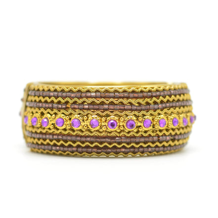 Vintage Style Gold Cuff Bracelet with Fuchsia Beads & Crystal Accents – Statement Hinged Bangle#FW-VB06J0248FUCH