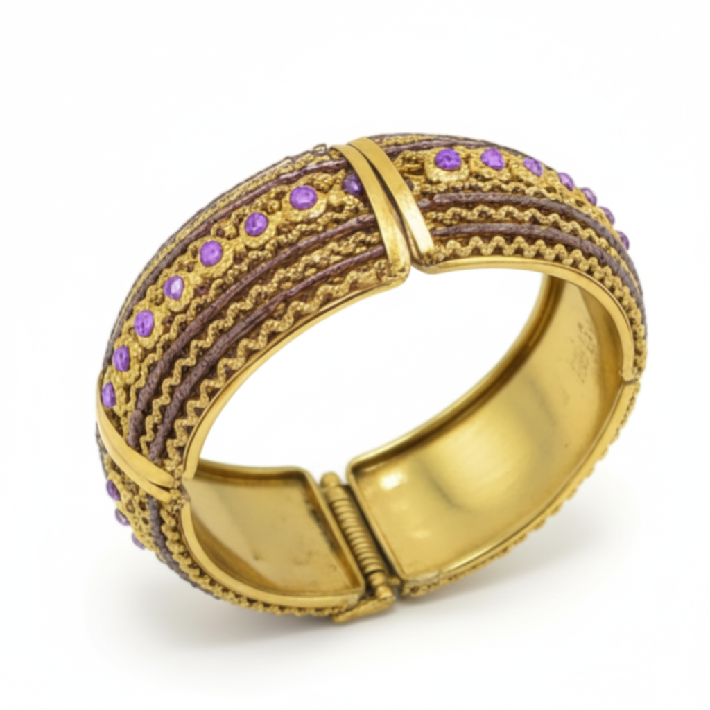Vintage Style Gold Cuff Bracelet with Fuchsia Beads & Crystal Accents – Statement Hinged Bangle#FW-VB06J0248FUCH