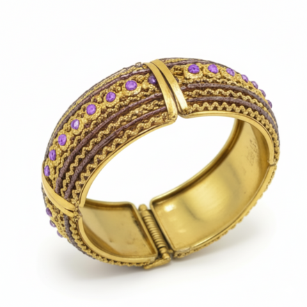 Vintage Style Gold Cuff Bracelet with Fuchsia Beads & Crystal Accents – Statement Hinged Bangle#FW-VB06J0248FUCH