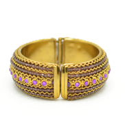Vintage Style Gold Cuff Bracelet with Fuchsia Beads & Crystal Accents – Statement Hinged Bangle#FW-VB06J0248FUCH