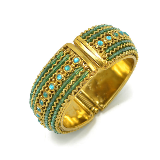 Teal Rhinestone and Seed Beads Boho Style Hinged Bracelet #FW-VB06J0248TEAL