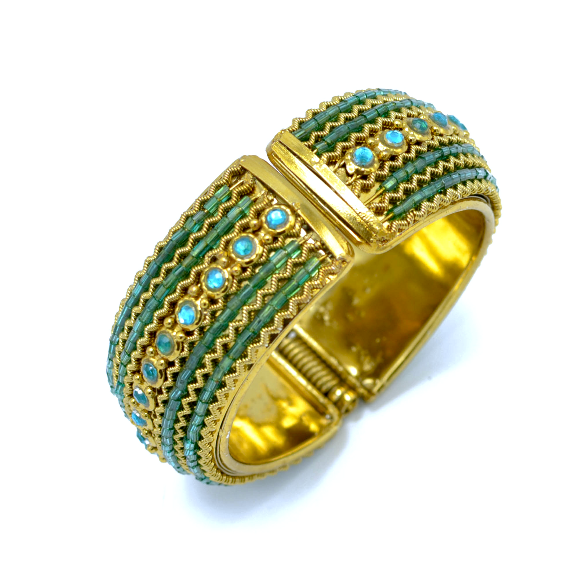 Vintage Style Gold Cuff Bracelet with Turquoise Beads & Crystal Accents – Statement Hinged Bangle #FW-VB06J0248TEAL