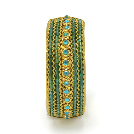 Vintage Style Gold Cuff Bracelet with Turquoise Beads & Crystal Accents – Statement Hinged Bangle #FW-VB06J0248TEAL