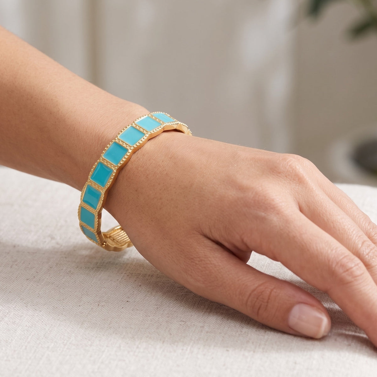 Gold & Turquoise Square Enamel Bangle Bracelet – 2.4
