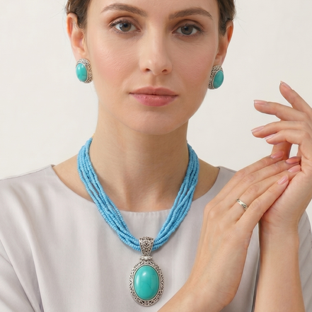 Turquoise Blue Multi-Strand Pendant Necklace & Matching Earrings Set – Silver Tone Statement Jewelry#FW-SET44425/TQ (O line Top riser)