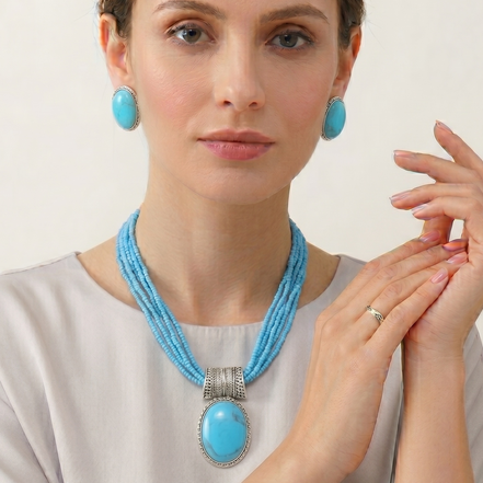 Sky Blue Turquoise Multi-Strand Pendant Necklace & Matching Earrings Set – Silver Tone Statement Jewelry #QN01982 ANTSIL TRQ (IC19/TOP)
