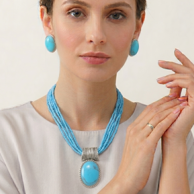 Sky Blue Turquoise Multi-Strand Pendant Necklace & Matching Earrings Set – Silver Tone Statement Jewelry #QN01982 ANTSIL TRQ (IC19/TOP)
