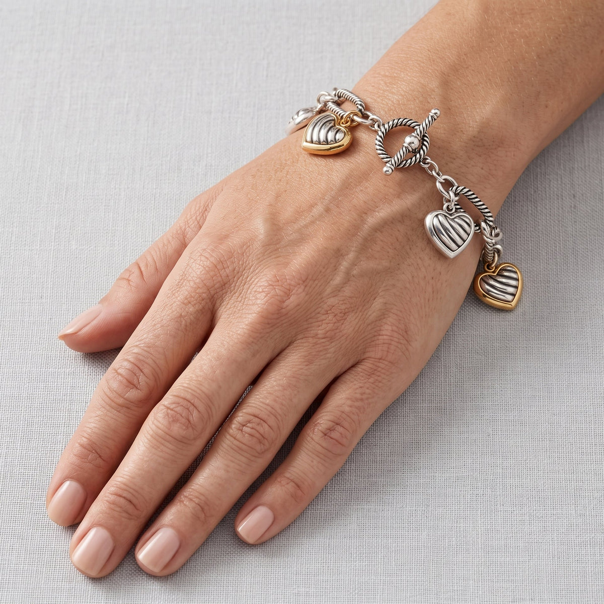 azza Women's Two-Tone Twisted Cable Link Heart Charm Bracelet with Toggle Clasp, 8