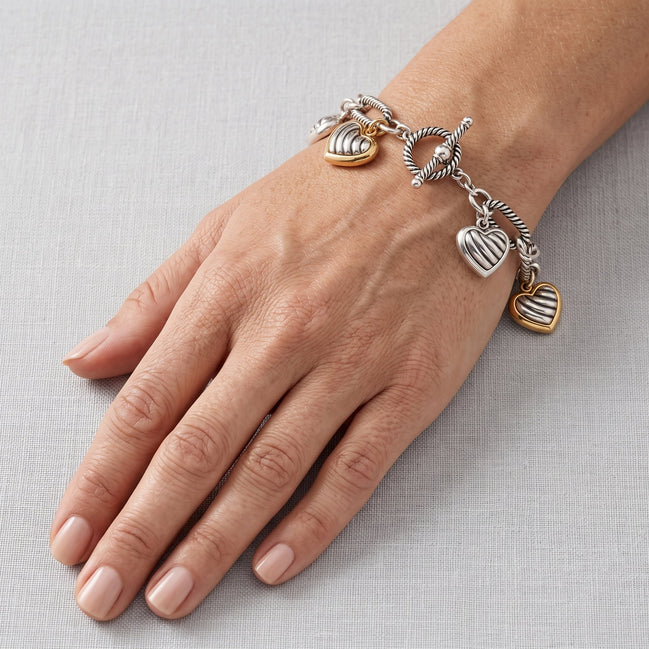 azza Women's Two-Tone Twisted Cable Link Heart Charm Bracelet with Toggle Clasp, 8"#HNB77708_2TONE (DH9)