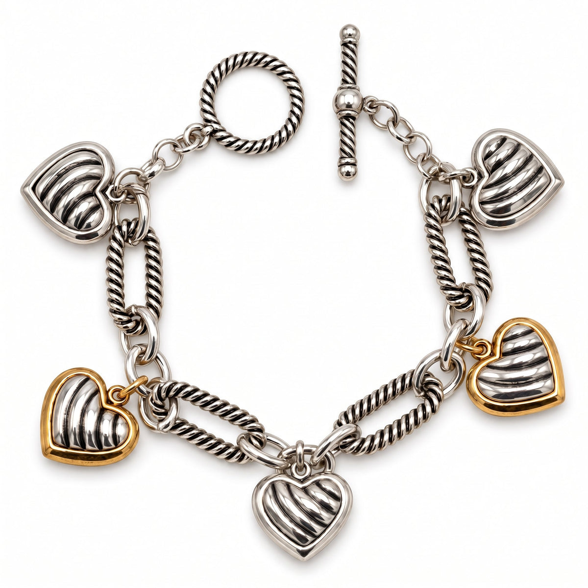 azza Women's Two-Tone Twisted Cable Link Heart Charm Bracelet with Toggle Clasp, 8