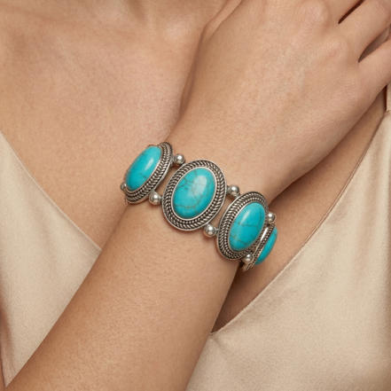 Bohemian Elegance: Oval Turquoise & Textured Silver Stretch Bracelet #HNB78371_SIL_OX-TRQ(JF1)