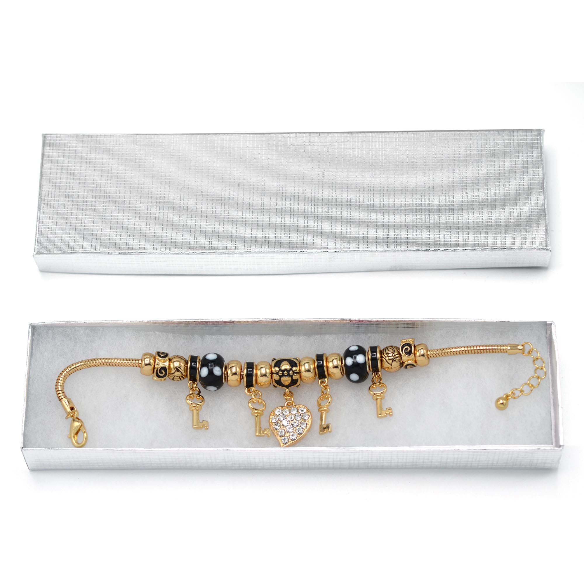 Gold Black Resin Beads Heart And Key Crystal Charm Bracelet  #HNB82320GBK