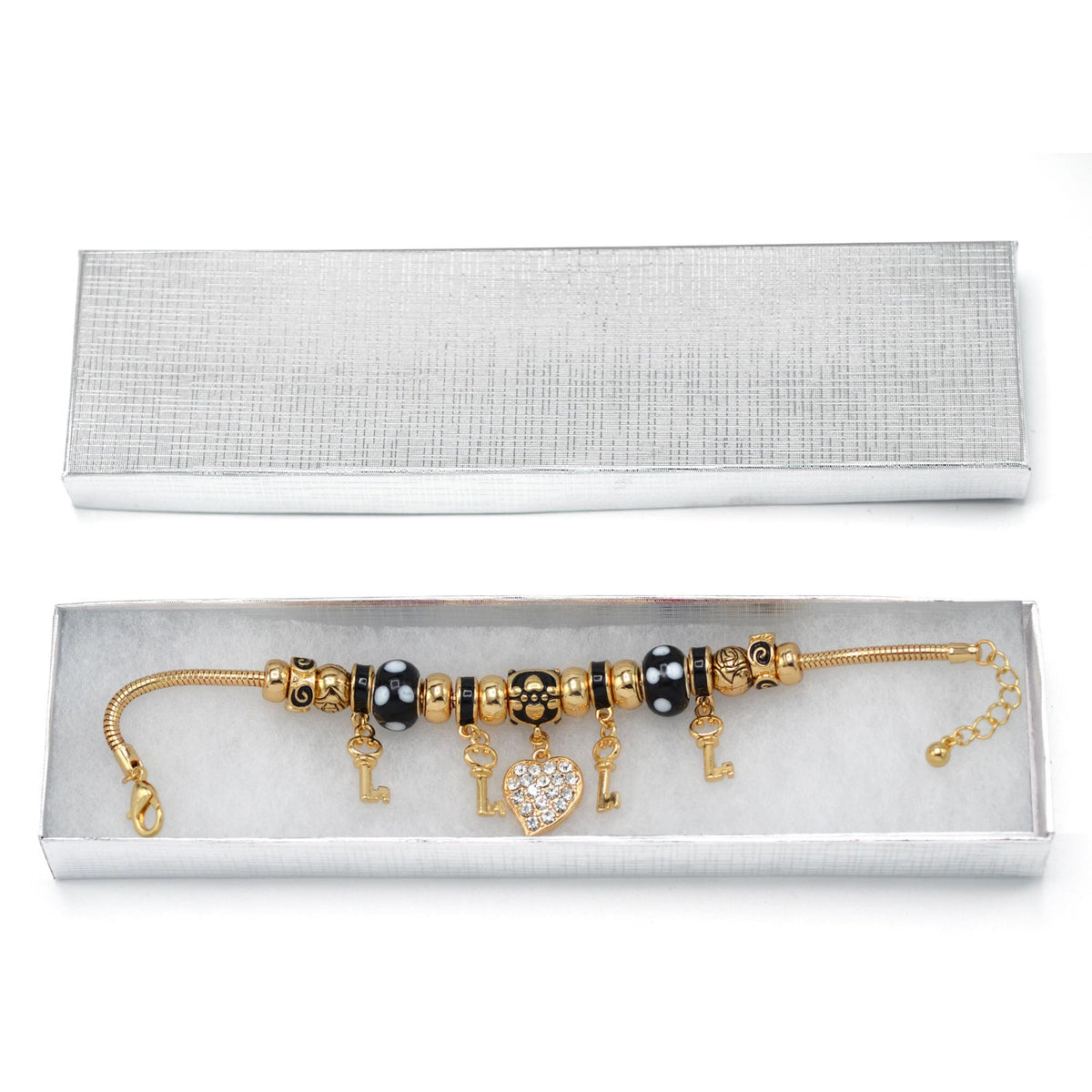 Gold Black Resin Beads Heart And Key Crystal Charm Bracelet  #HNB82320GBK