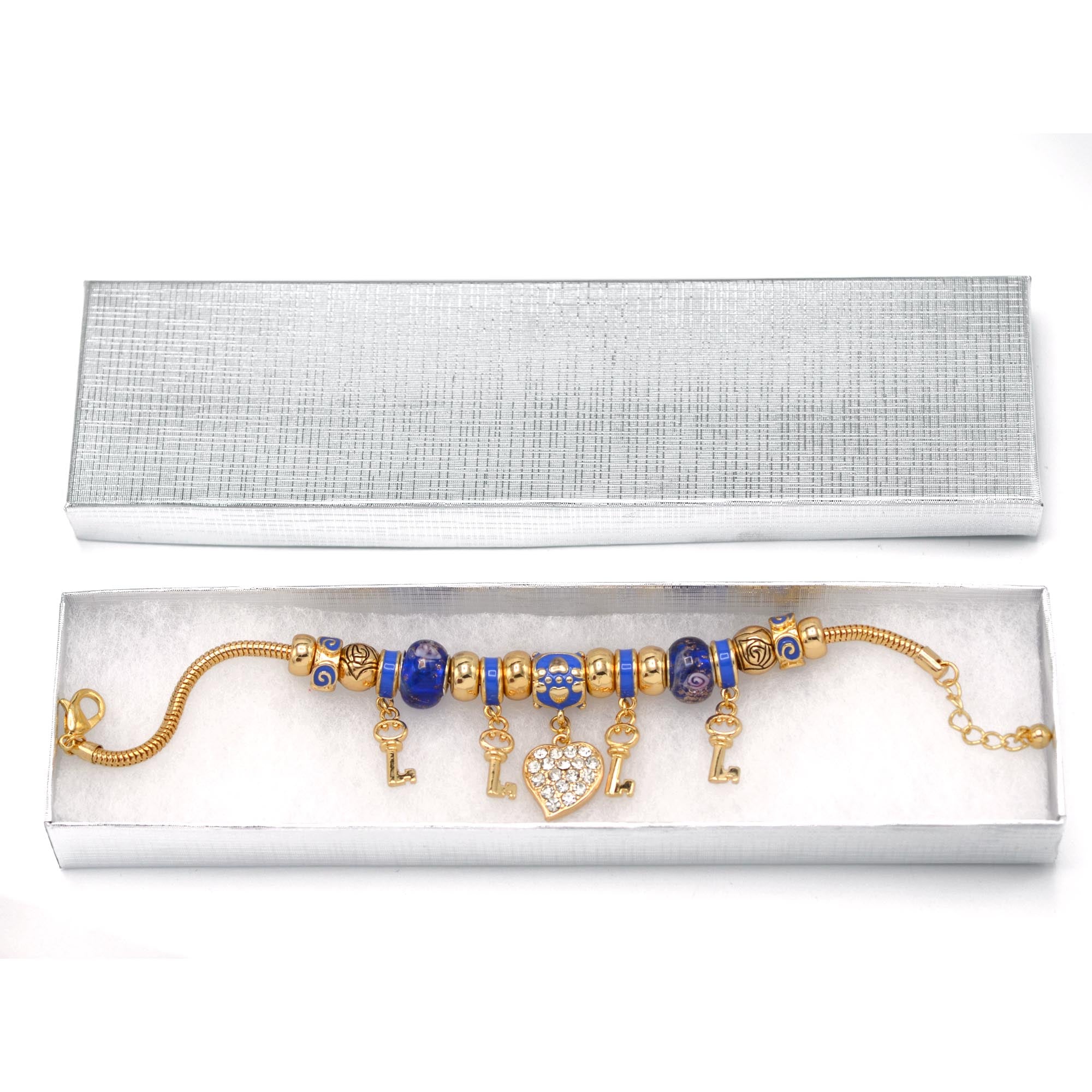 Gold Blue Resin Beads Heart And Key Crystal Charm Bracelet# HNB82320GBL