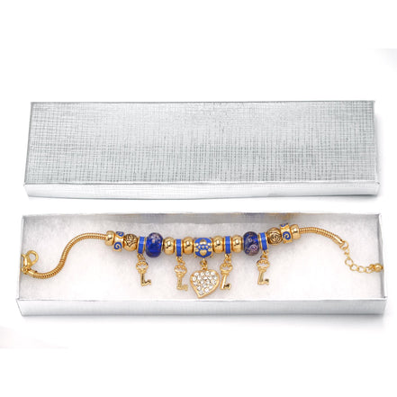 Gold Blue Resin Beads Heart And Key Crystal Charm Bracelet# HNB82320GBL