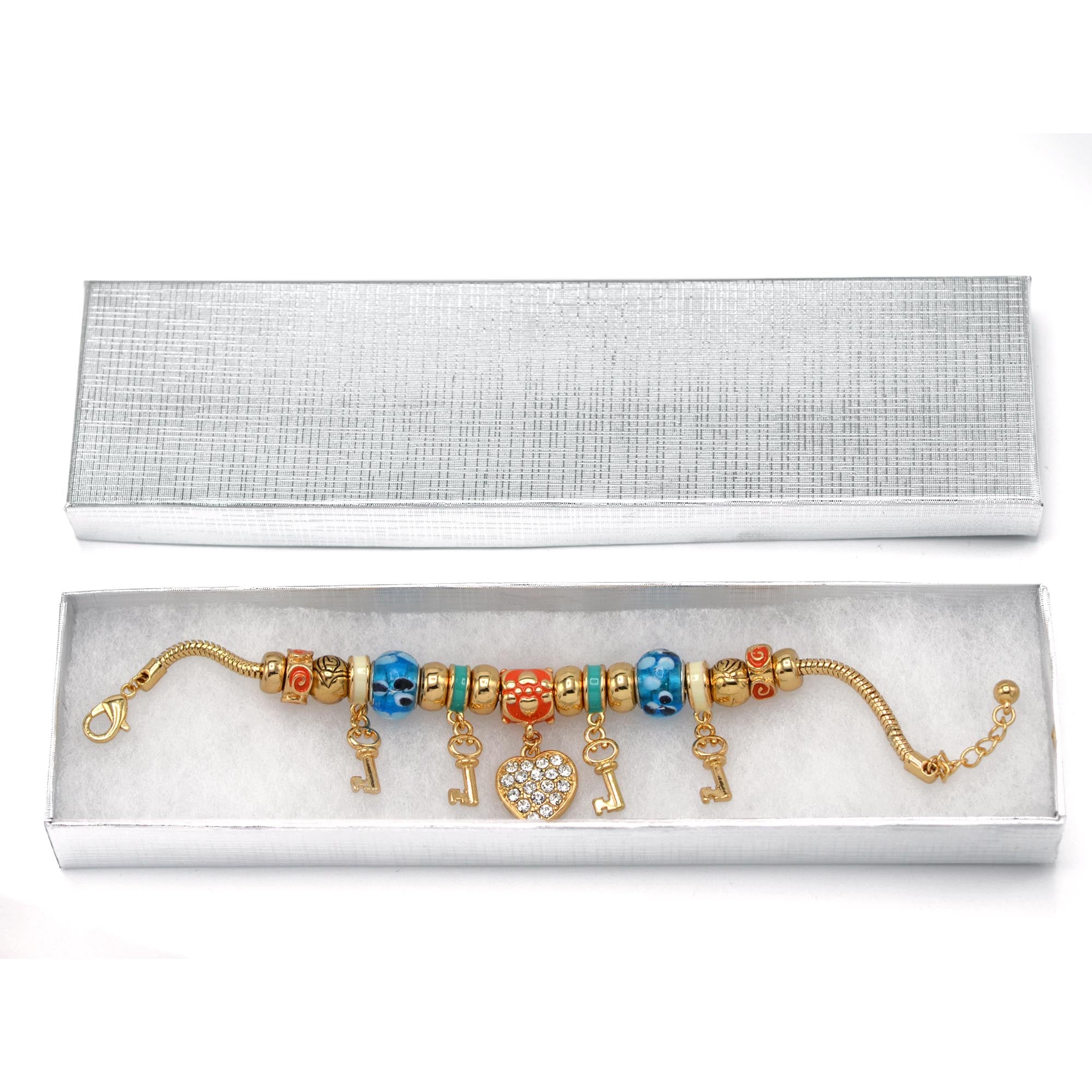 Gold Multi Color Beads Heart And Key Crystal Charm  Bracelet #HNB82320GMT