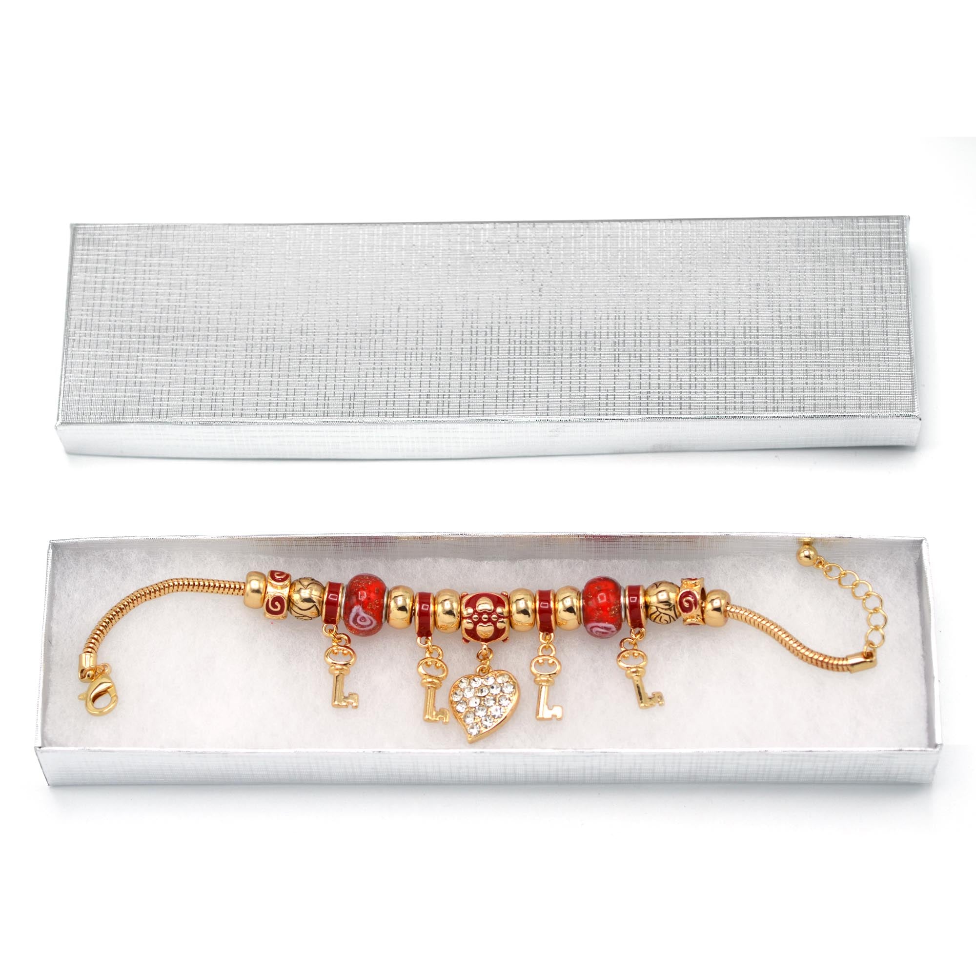 Gold Red Resin Beads Heart And Key Crystal Charm Bracelet#HNB82320GRD