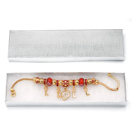 Gold Red Resin Beads Heart And Key Crystal Charm Bracelet#HNB82320GRD