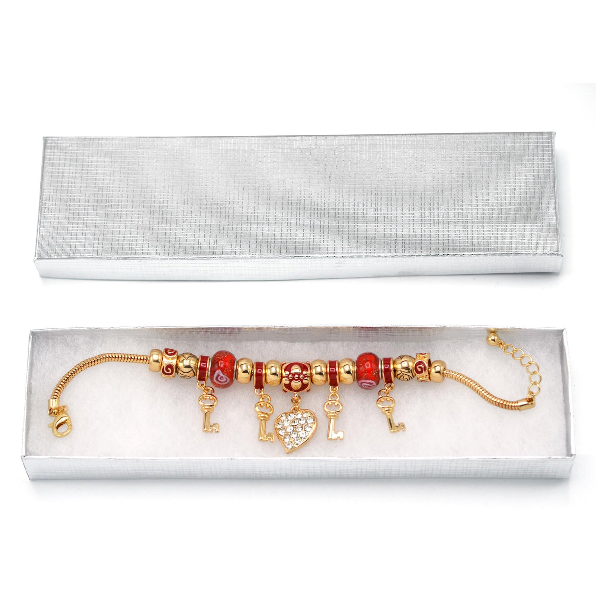 Gold Red Resin Beads Heart And Key Crystal Charm Bracelet#HNB82320GRD