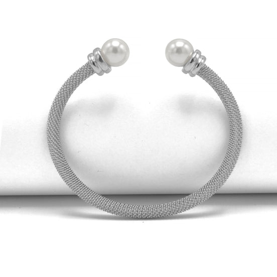 Rhodium plated mesh and pearl cuff Bracelet#HNB90838RD(ID8)