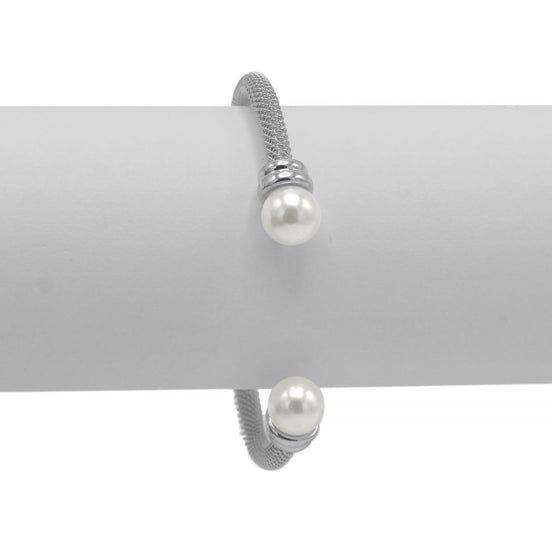 Rhodium plated mesh and pearl cuff Bracelet#HNB90838RD(ID8)