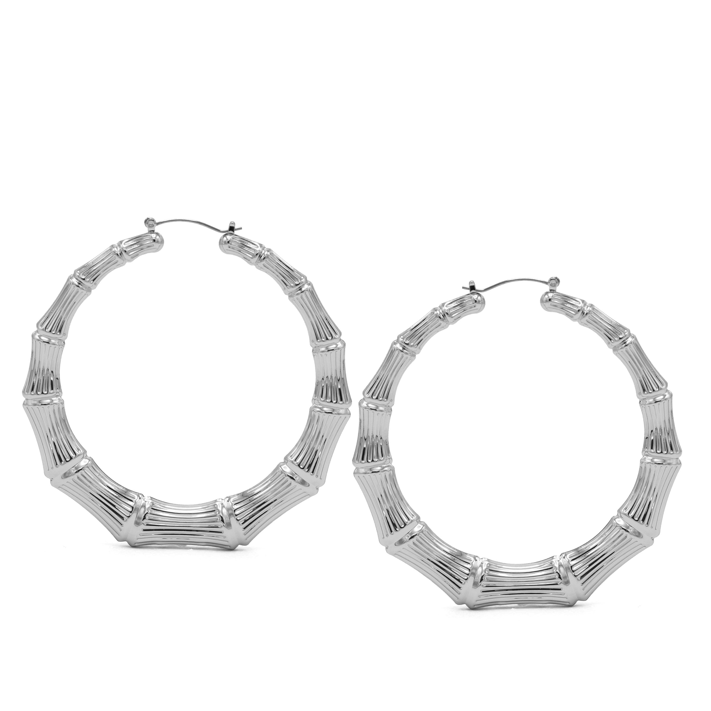 SILVER BAMBOO HOOP EARRINGS#HNE90618SL(AD14/FH24)