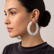 Tazza Women's Chunky White Faux Pearl Hoop Earrings | Silver-Tone Beaded Cluster Statement Hoops | Elegant Bridal & Evening Fashion Costume Jewelry # HNE90691RDWH(RD12)