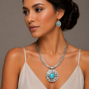 Silver-Tone Turquoise Medallion Statement Pendant Necklace #HNN15222SLTQ (LB26/JH3)