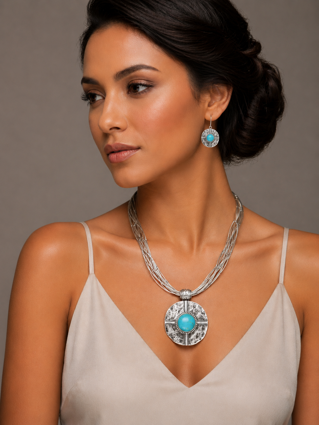 Silver-Tone Turquoise Medallion Statement Pendant Necklace #HNN15222SLTQ (LB26/JH3)